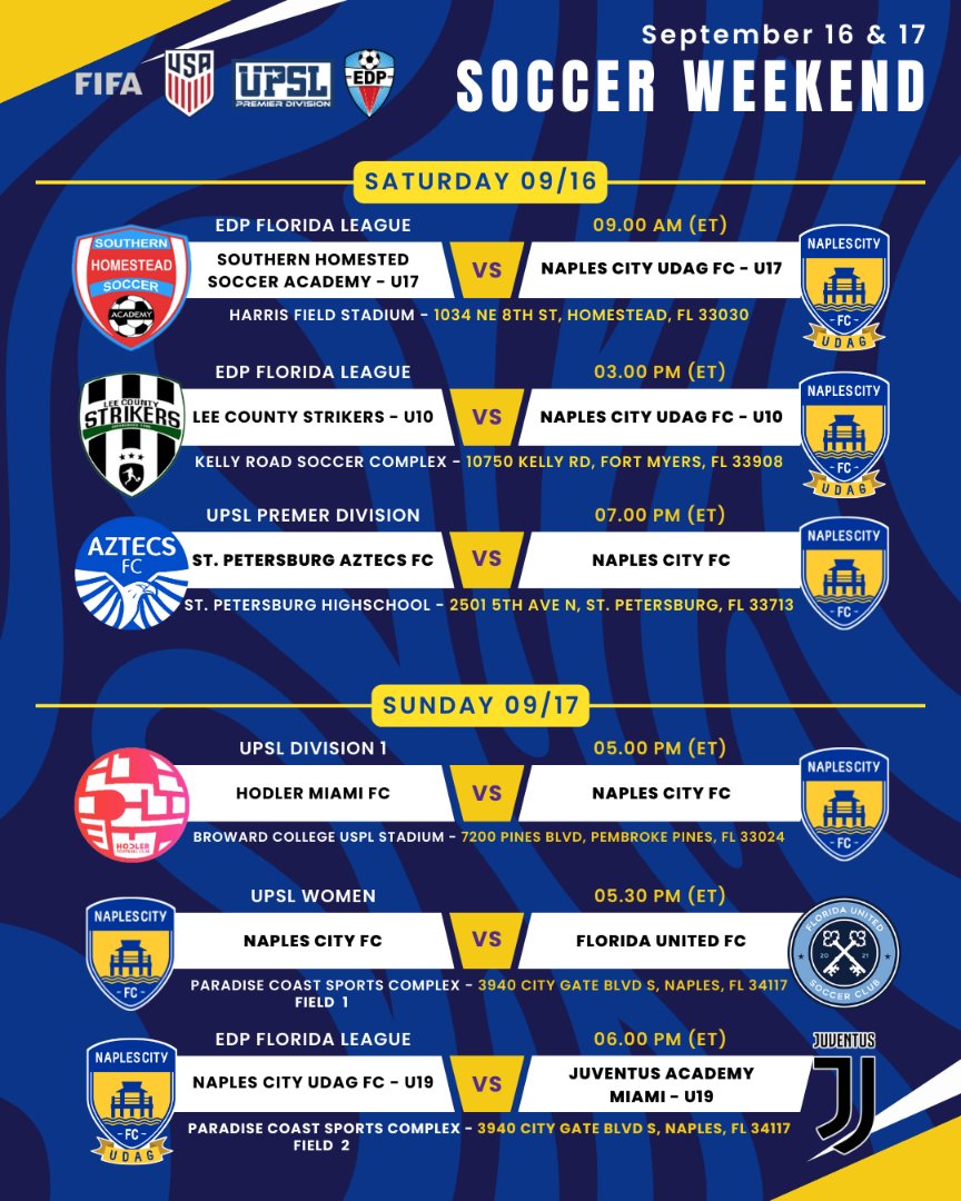 naplescityfc's tweet photo. 📣 Big Weekend Alert! ⚽🔥

Get ready for an action-packed weekend of soccer as our youth team and first soccer team take the field in not one, not two, but SIX thrilling games! 🙌⚽
📣💪
See you at the games, and let's bring the thunder! ⚡🥅 #NaplesSoccer #GameDay #YouthSoccer https://t.co/pyXJ0fyyn0