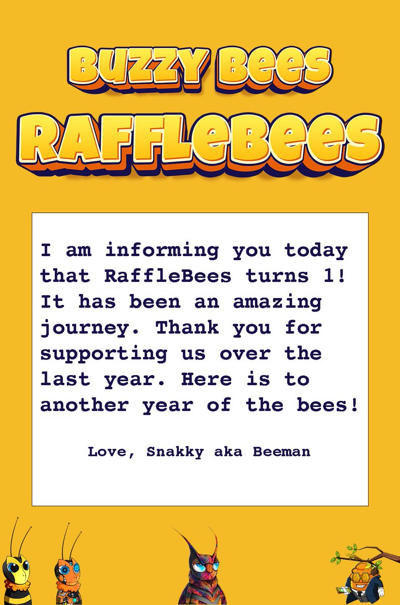 buzzybees | HiveLikeStudios 🐝 (@buzzybeenft) on Twitter photo 🚨#algofam🚨
We have some news to share regarding <a href="/RaffleBeesALGO/">rafflebees.algo</a>
1 year of RaffleBees.com !! 🎉
A thread? 🧵 🚨#algofam🚨
We have some news to share regarding <a href="/RaffleBeesALGO/">rafflebees.algo</a>
1 year of RaffleBees.com !! 🎉
A thread? 🧵
