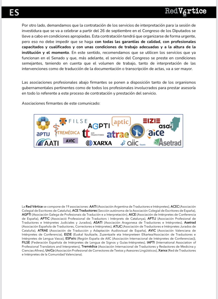 🗣️ Comunicado conjunto de asociaciones nacionales y regionales de #traducción e #interpretación sobre el uso de las lenguas oficiales en el Congreso de los Diputados.

#1nt