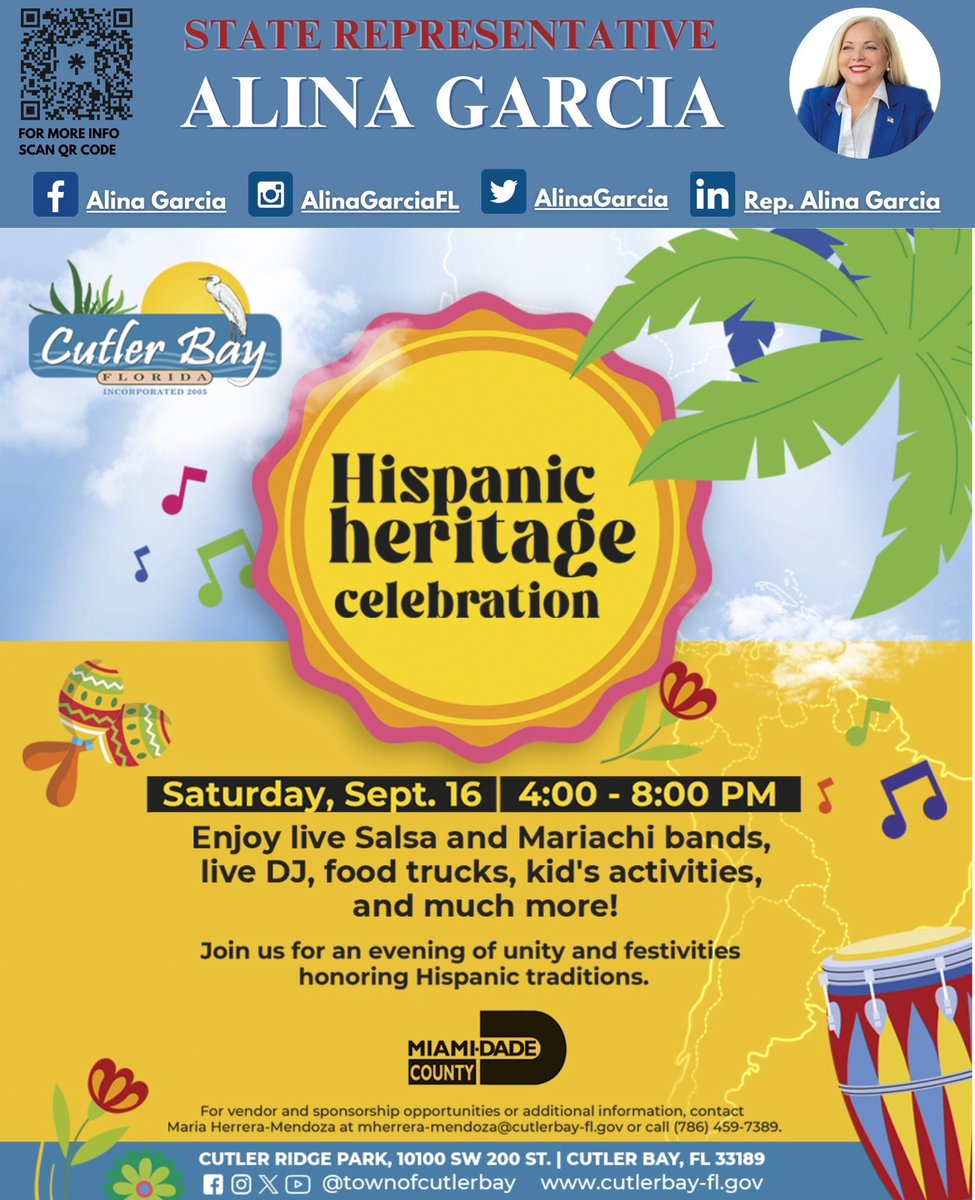 alinagarcia's tweet image. Join the @townofcutlerbay as they kick off #hispanicheritagemonth with an evening of festivities and celebration! 🎉

#RepAlinaGarcia #StateRep #HD115 #CutlerBay