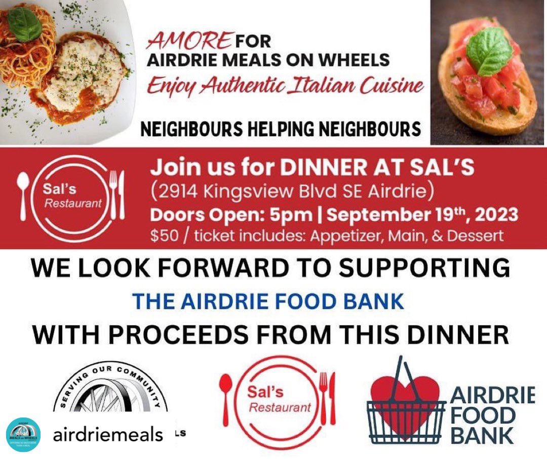 AirdrieMeals's tweet photo. Help us sell out! 
$50/person
4 course Italian meal
Sept 19th
Doors open at 5
Message/pm/dm/ comment for tickets !! https://t.co/qLIFClTgFB