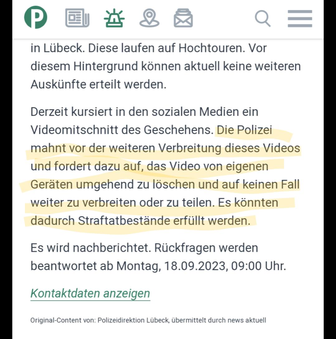 Wer es wagt zu zeigen, was in Deutschland gerade geschieht, der macht sich jetzt angeblich strafbar. Es ist ein Skandal, wie die Polizei hier versucht, die Medien einzuschüchtern. Und Fragen will die Polizei erst ab Montag 9 Uhr beantworten. #NIUS wird die Bilder ziegen #Lübeck