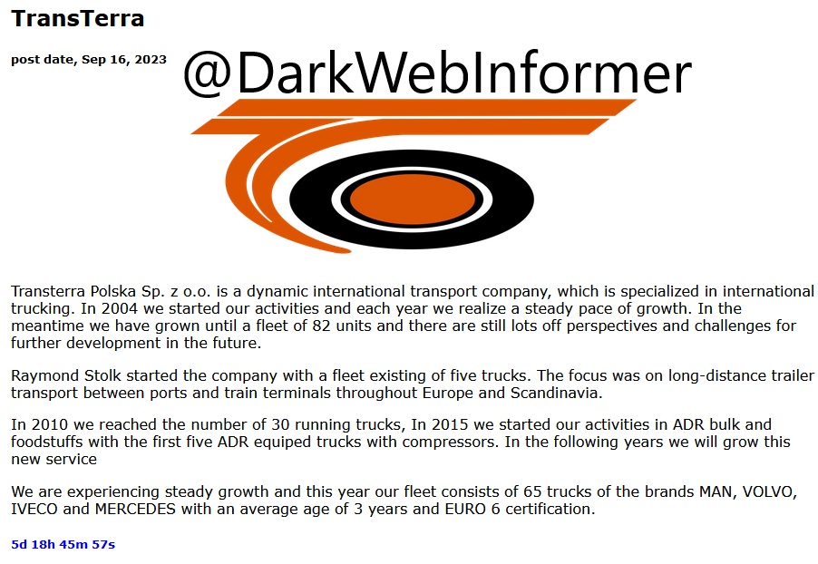 DarkWebInformer's tweet image. Transterra (not on Twitter/X) we wanted to inform you that the ransomware group Ciphbit has reportedly named you as a victim. Please inform your security team. #Transterra #Ciphbit #Ransomware #StopRansomware #DarkWeb