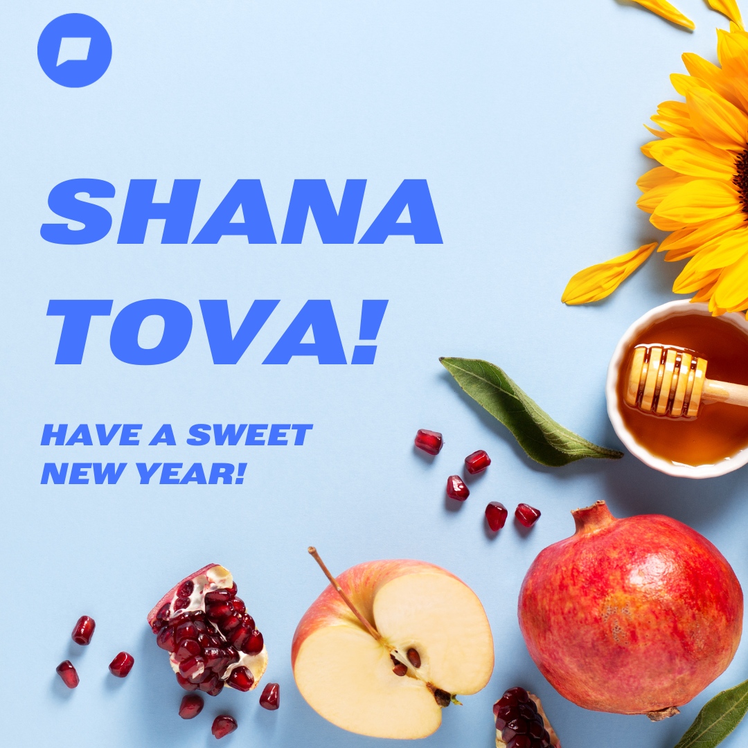 NLC's tweet photo. New Leaders Council would like to wish our Jewish family a Happy New Year as you celebrate Rosh Hashanah!

ID: Shana Tova! Have a sweet New Year! Honey, apple, pomegranate and flowers on a bright blue background. https://t.co/igbq9X7343