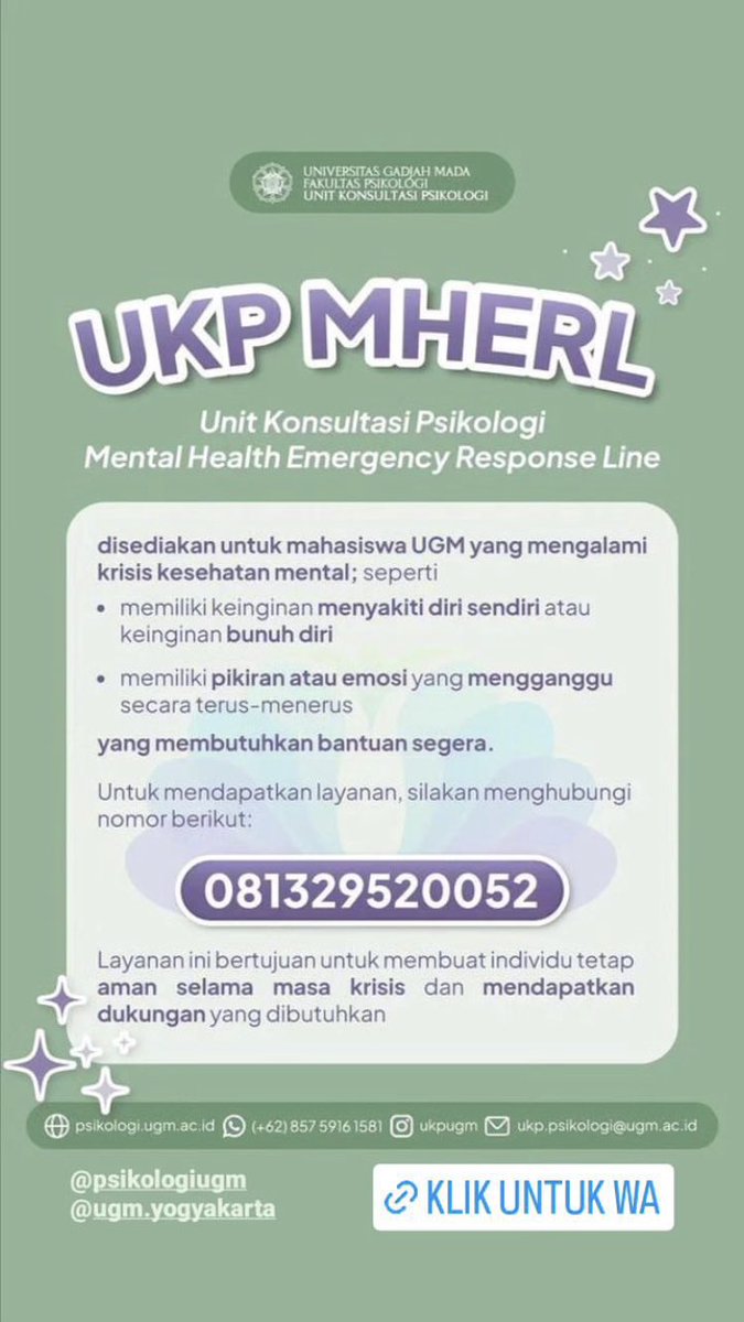wdhpsr's tweet photo. @zhrloeyyy oya, kalau kamu mahasiswa aktif UGM, bisa akses layanan kegawatdaruratan lewat MHERL UKP UGM. nanti kamu berhak dapet layanan konsultasi gratis dgn psikolog UKP. kebetulan saya salah satu psikolog yang praktek di sana. https://t.co/depTR3Nyms