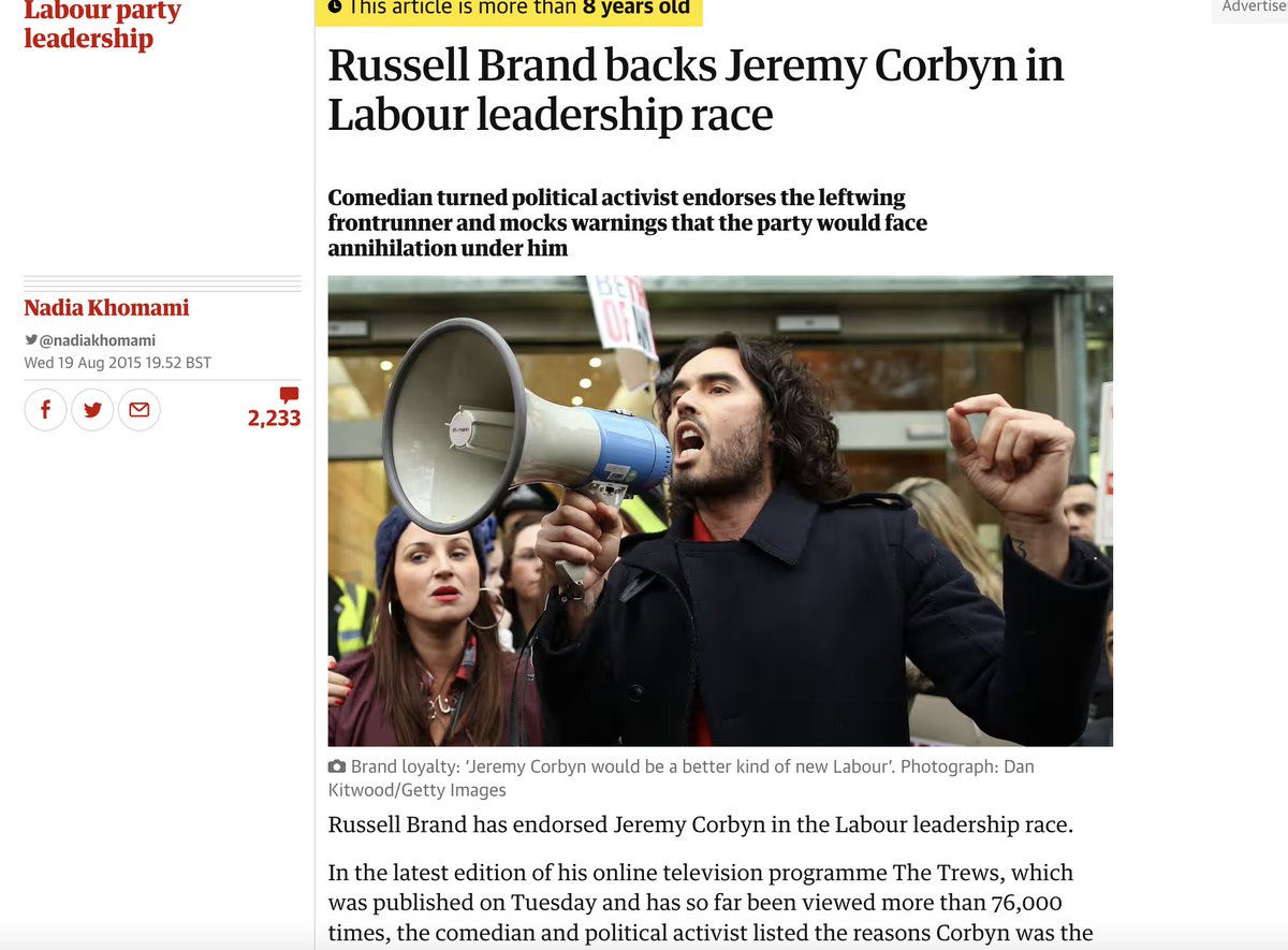 ggreenwald's tweet photo. Here's the person whom the absolute dumbest people on this website today are claiming is "right-wing": Russell Brand.

Their brains are completely broken, binary, and stunted, incapable of understanding that one can understand the world beyond Mitch McConnell v. Nancy Pelosi. https://t.co/UQZj3h3R8u