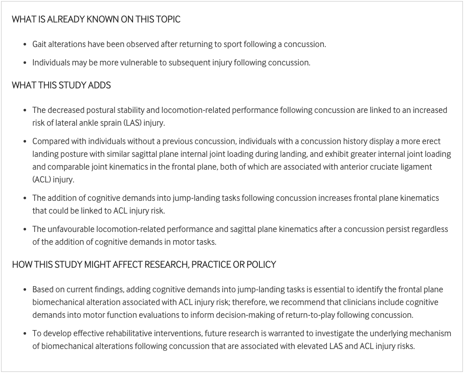 ⚠️ Is prior #concussion history associated with a risk of lateral ankle sprain and ACL injury? 🧠

NEW #SystematicReview with the #TakeHomeMessages found👇

Link to article ➡️ bit.ly/3PnNx7W