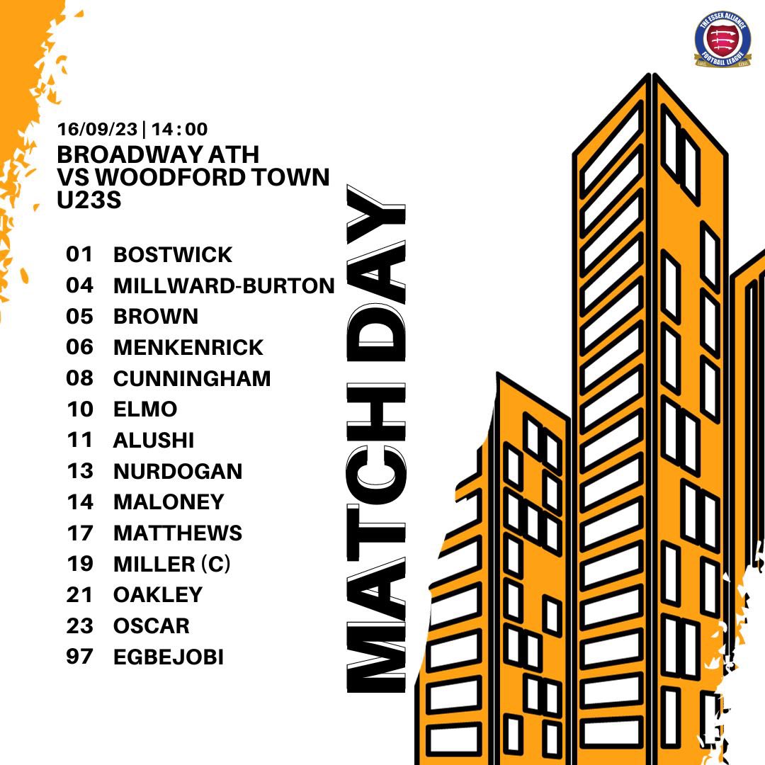 Today's squad to face @woodfordtownu23s at the Ford Sport Centre 📍

Come down and support the lads!

UTB ⚫️🟠

Proudly sponsored by @hpm_maintenance_solutions_ltd <a href="/hpmelectrical/">HPM Electrical</a> 📝