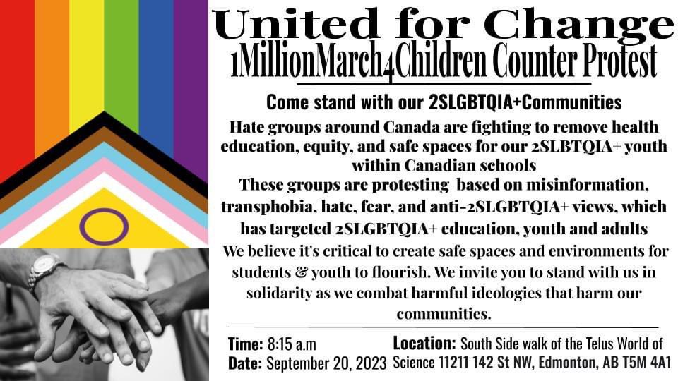 Counter protest planned in Edmonton against the anti-2SLGBTQ+ hate rally on Sept 20 outside the ATA building. 

Hate has no place in our schools or communities. 

Be visible, be vocal, and be safe. 
#abed #abpoli #yeg