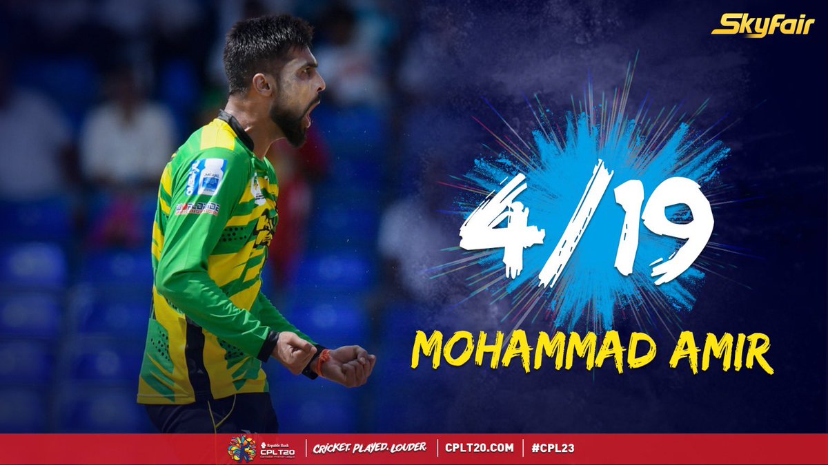 Back in the team and wreaking havoc💥. Well bowled Mohammad Amir 🙌.
#CPL23 #JTvSKNP #CricketPlayedLouder #BiggestPartyInSport #Skyfair
#Amir 
@iamamirofficial hero