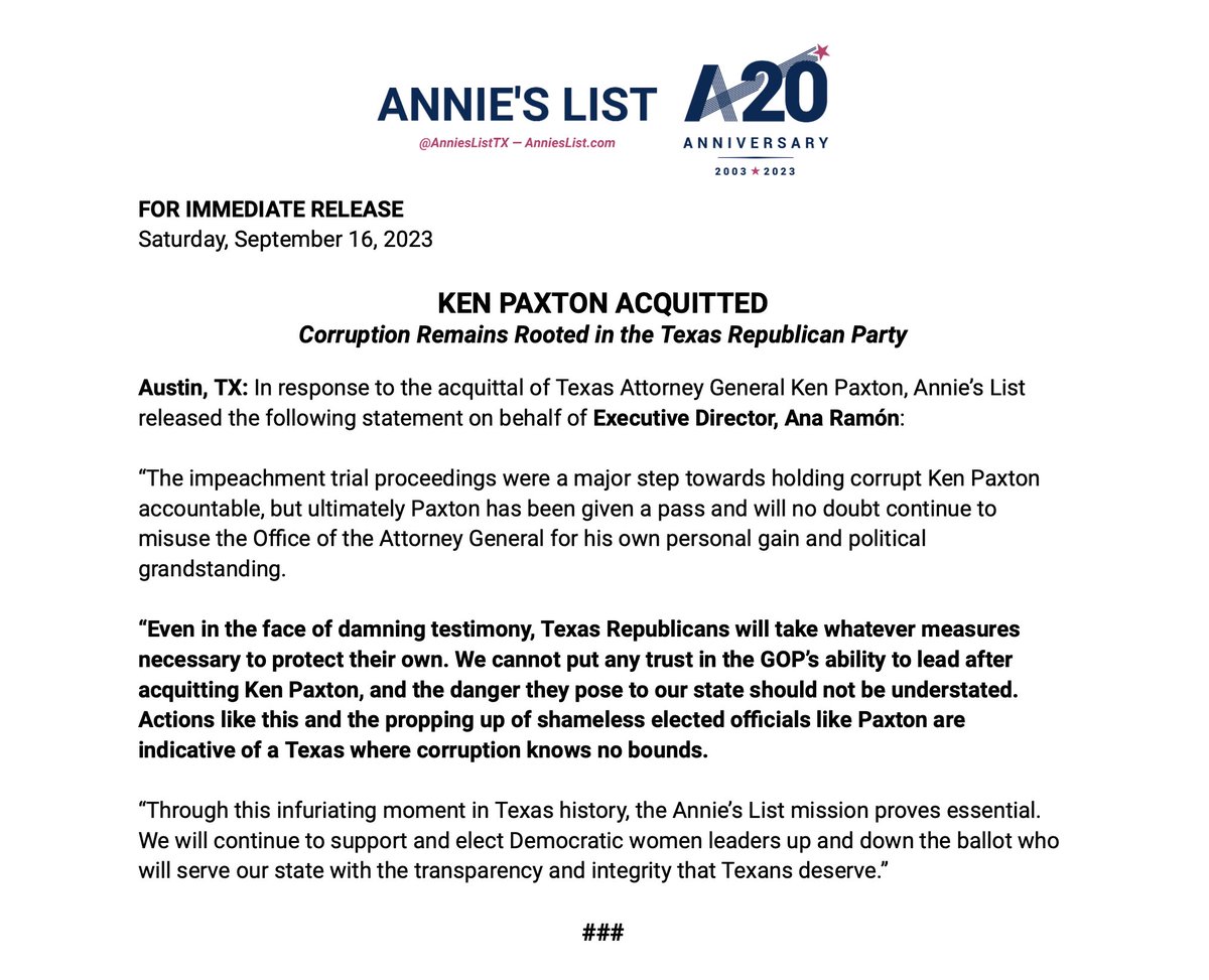 STATEMENT: @Ana_Ramon89 on the acquittal of corrupt Texas Attorney General Ken Paxton. #txlege