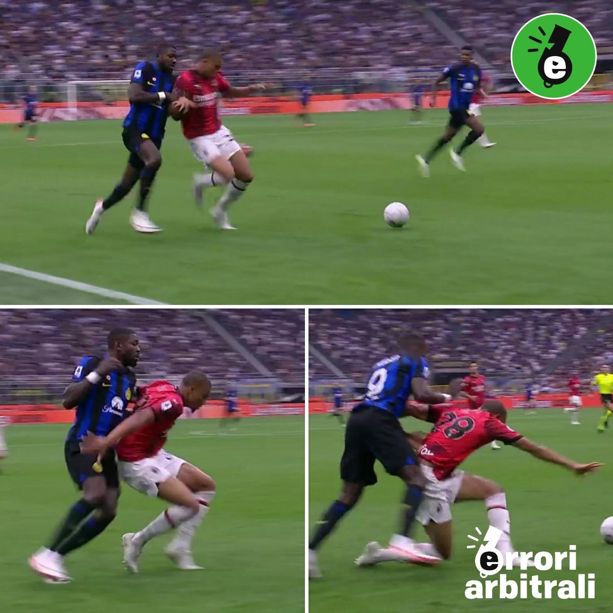 erroriarbitrali's tweet photo. #InterMilan, doppia protesta di #Pioli  sul vantaggio neroazzurro (📸 DAZN): sul contatto #Thuram / #Thiaw è il difendente che perde passo e appoggio, più energico forse l'intervento di spalla di #Dumfries su #TheoHernandez, ma resta la decisione di campo.

#DerbyMilano https://t.co/jWUXZRHW8B