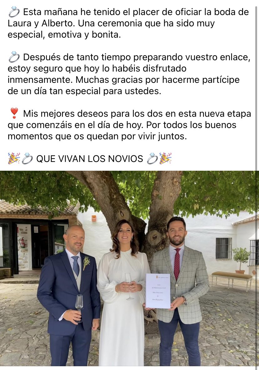 FJavierAnet's tweet photo. 💍 Esta mañana he tenido el placer de oficiar la boda de Laura y Alberto. Una ceremonia que ha sido muy especial, emotiva y bonita.

❣️ Mis mejores deseos para los dos en esta nueva etapa que comenzáis en el día de hoy.

🎉💍 QUE VIVAN LOS NOVIOS 💍🎉 https://t.co/yhRSTrK34W