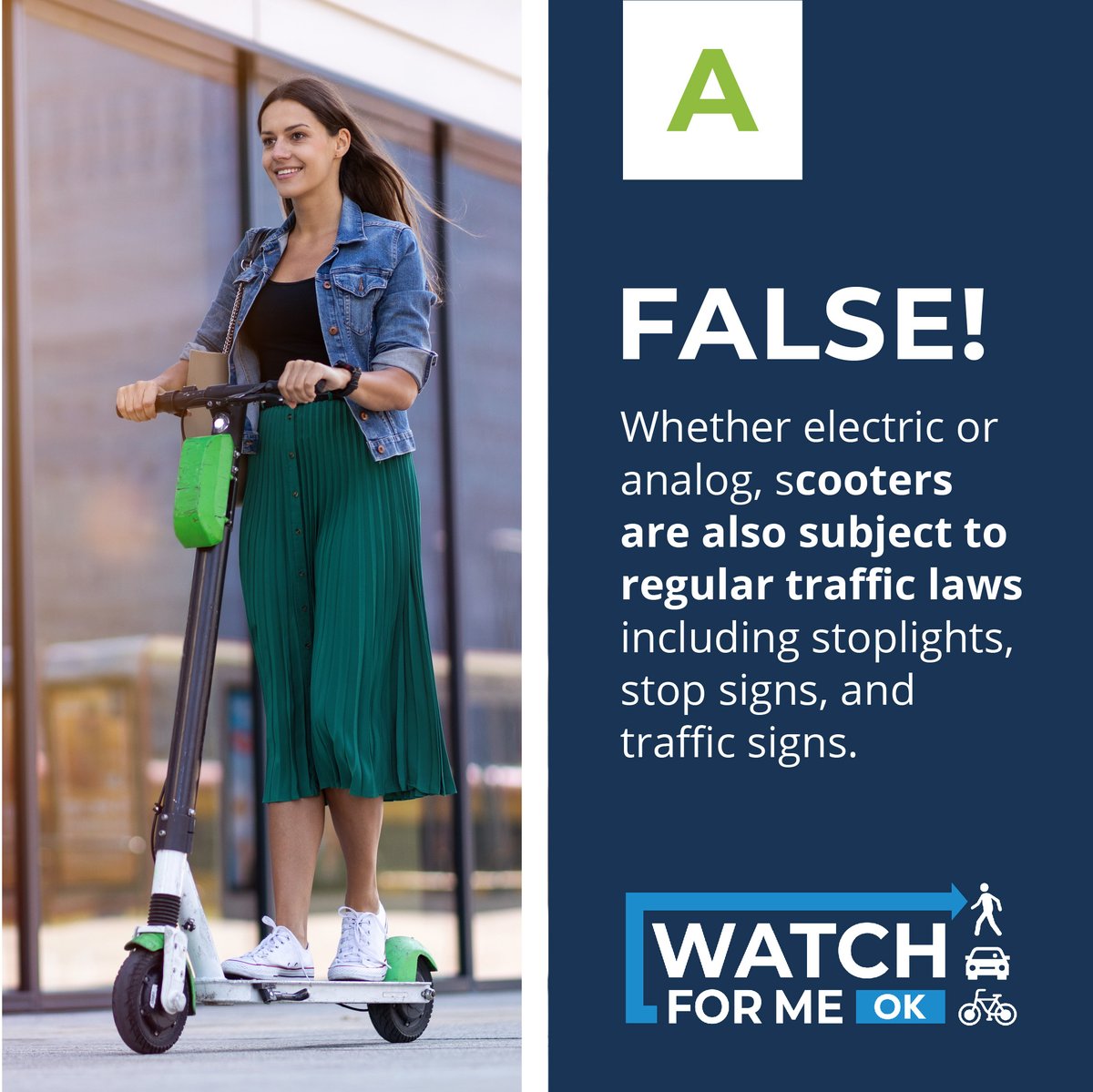 watch4meok's tweet photo. FALSE! Whether electric or analog, scooters are also subject to regular traffic laws including stoplights, stop signs, and traffic signs. On a scooter, you must always yield to pedestrians. https://t.co/RDTwZZXaSE