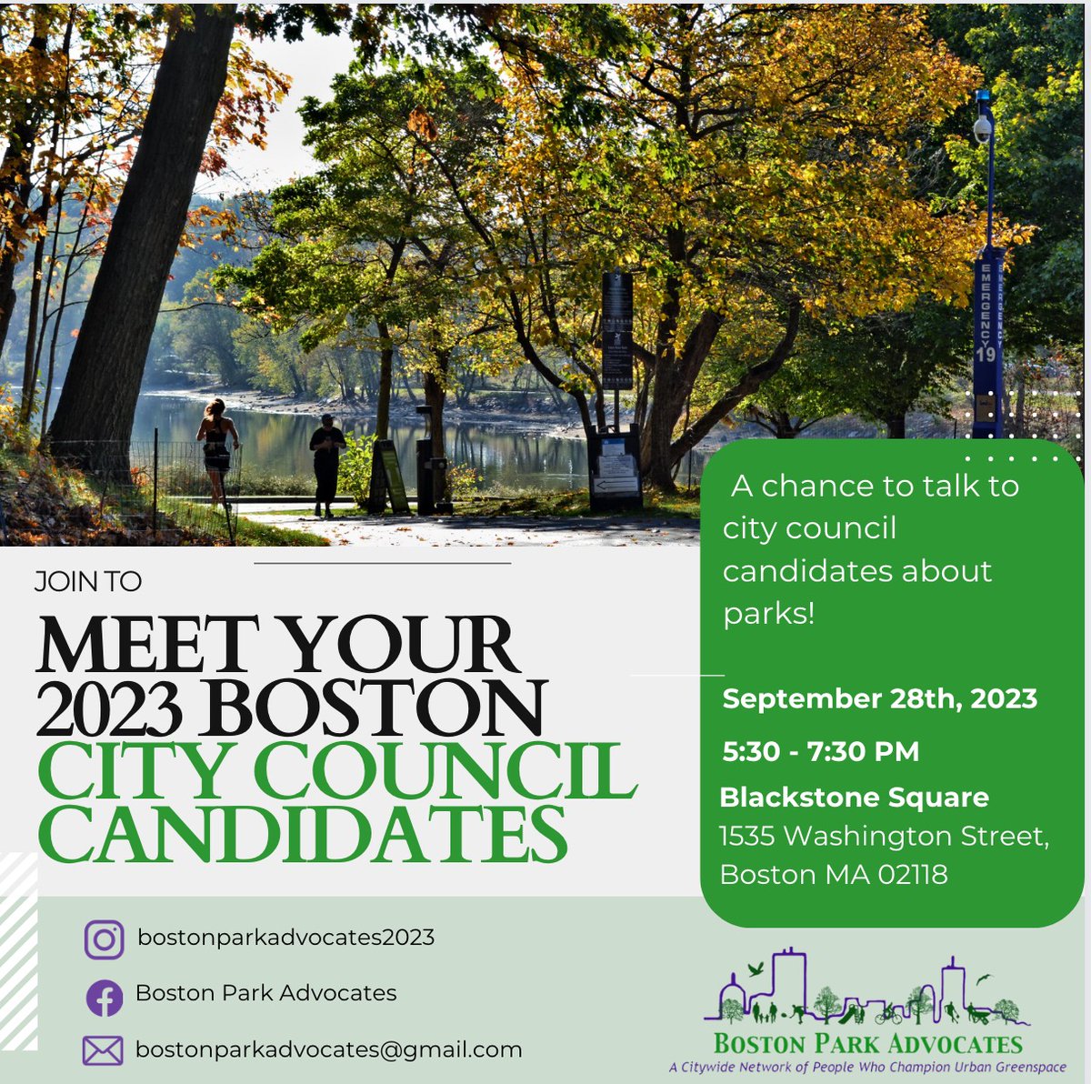 Join us at Blackstone Square in the South End on 9/28/23 to mingle and talk Parks and Open Space with City Council Candidates! Details below; please spread the word!