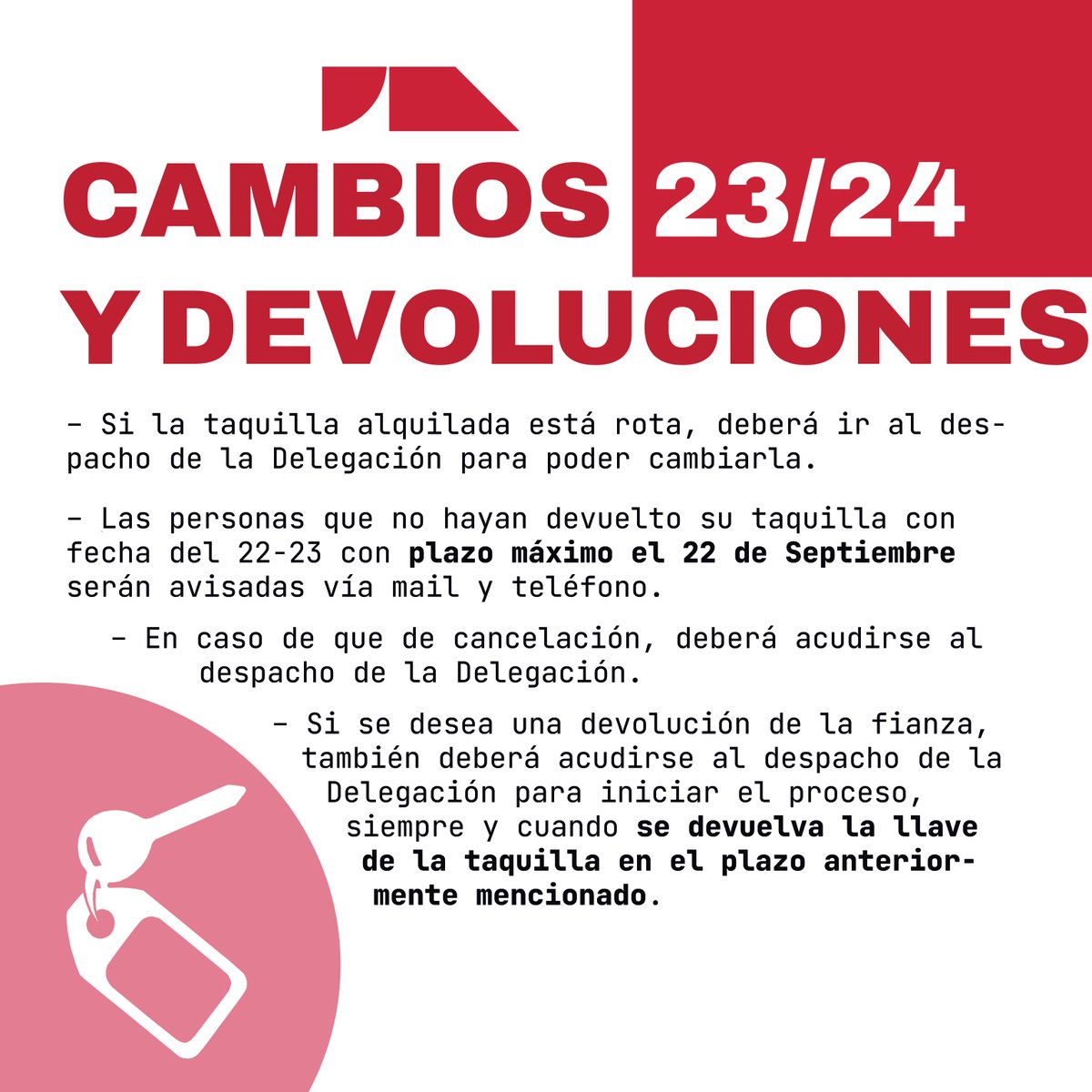 A partir del 18 de Septiembre podréis pasar por el despacho de la DEA para alquilar vuestra taquilla
Hemos tenido que actualizar las condiciones para este curso 23/24.
Alquiler de taquillas 5€ + 5€ de fianza que se devuelve hasta el 28 de Junio al entregar la llave de vuelta.