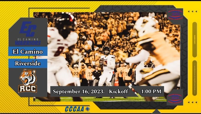 Footballscfa's tweet photo. 🚨 Game of the Week🚨

🏈 El Camino Vs Riverside
📅 Sat. September 16, 2023
🕔 1:00 PM
📺 Game on: https://t.co/wChgjwSaSr
@RCCTigerFB @rcc_athletics @CoachPaychek @951Landon @Trxgicivxn @JuCoFootballACE @CoachLafaele @byrd_dante8 https://t.co/OzUuWJI5ta