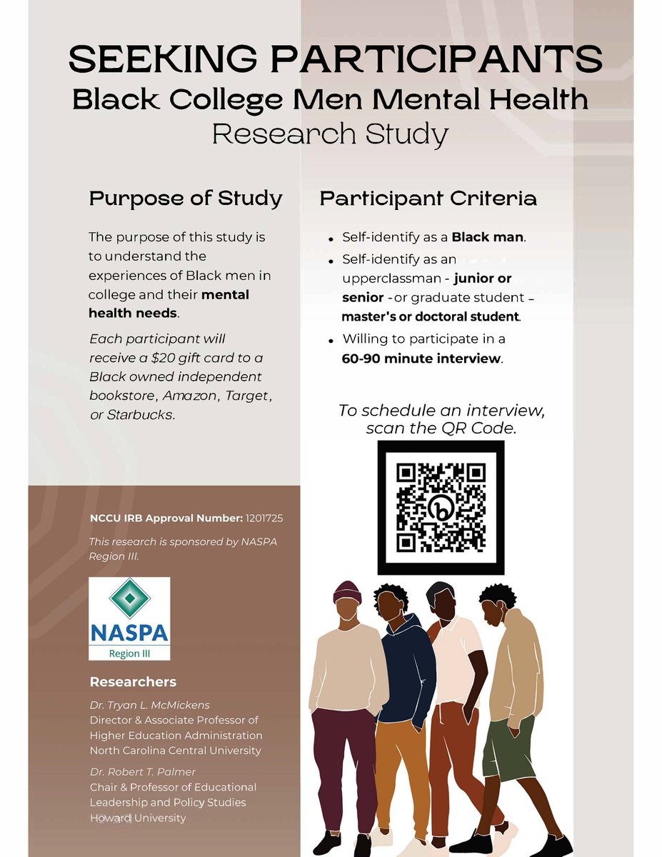 DrTLMcMickens's tweet photo. Seeking research participants - Black male upperclassmen, juniors and seniors, and graduate students, master’s and doctoral students, in any discipline for a study on college mental health. 
To schedule, scan the QR code.
#SADoc @ashegrads @AERADivJGradNet @NASPAFaculty https://t.co/6EjM7OB1Os