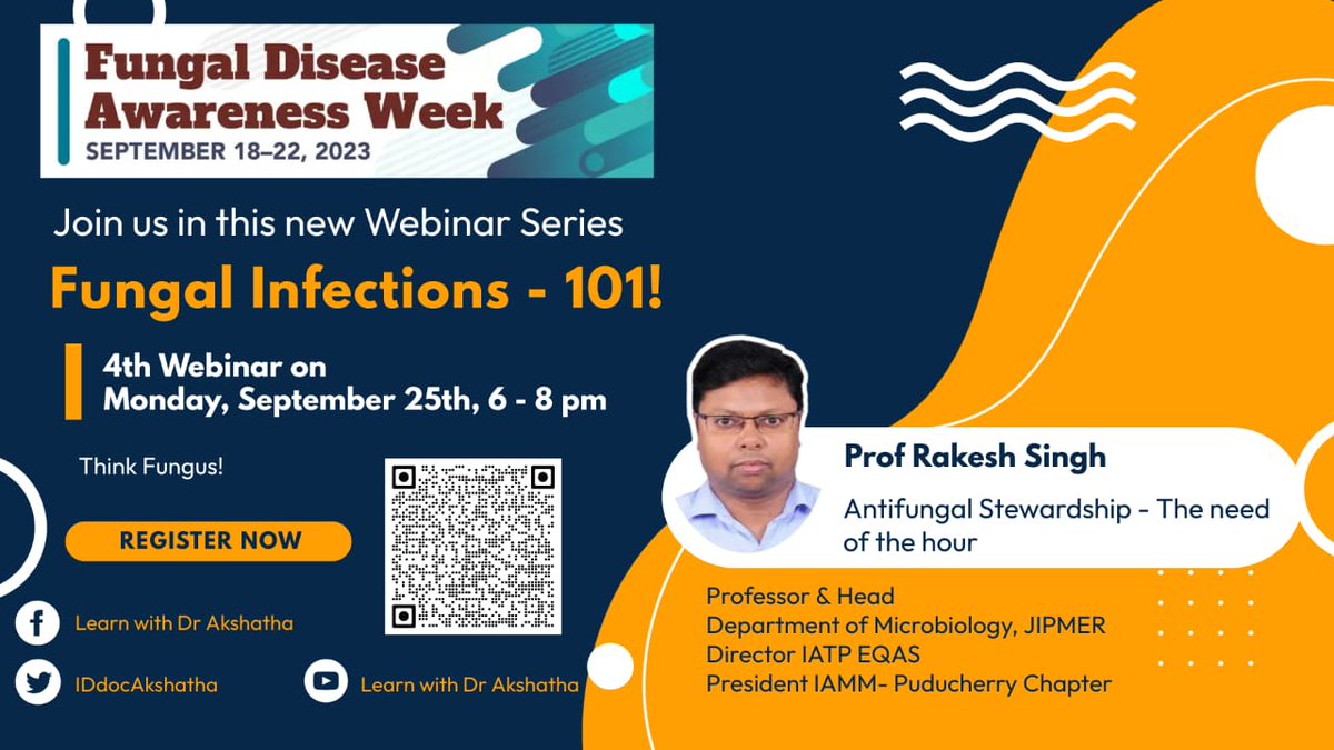 #Fungalawarenessweek
#IDtwitter
#Medtwitter
#Fungalinfections
@CDCgov 
@WHOSEARO 
@WHO 
@CidsIndia 
Join us in this unique webinar series - Fungal Infections - 101 
Register here - us02web.zoom.us/meeting/regist…