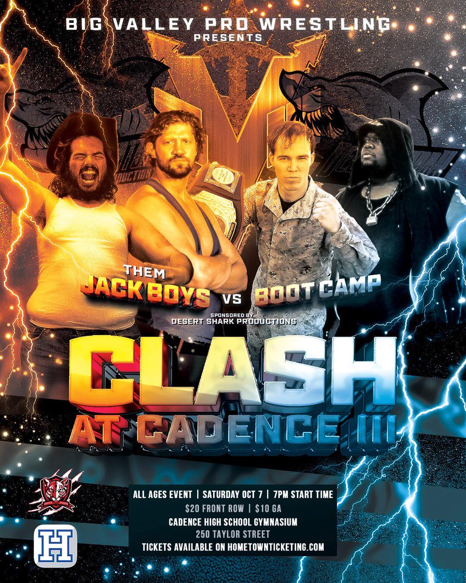 BVWrestlingLV's tweet photo. 1st match announcement for Clash At Cadence 3! Sponsored by @DesertShark 

THEM JACK BOYS @LargePatriarch &amp; @Kal_Jak 
V.
BOOTCAMP Sgt. Ryan James &amp; @OptimacePRIME 

Join us October 7th for a night of wrestling to raise funds for Cadence Athletics 
🎟️https://t.co/jjUWt0btNN https://t.co/j9NSbCIYgO