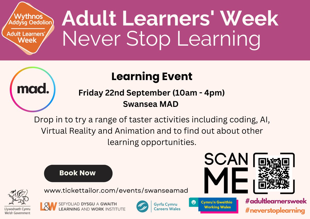 SwanseaMAD's tweet photo. Drop into @SwanseaMAD to try various taster activities, including coding, AI, Virtual Reality and Animation, and learn about other learning opportunities. #AdultLearnersWeek #NeverStopLearning @CareersWales @WG_Education @LearnWorkCymru @WorkingWales https://t.co/9SDQmvrw1f