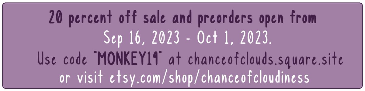 _chanceofclouds's tweet photo. 20% off sale at my etsy and square shop! Use code 'MONKEY19' if buying on square! Also a bunch of preorders going on!

https://t.co/zIXkrHnqjK
https://t.co/EUL13iXhiV https://t.co/JJ5QwbWCDQ