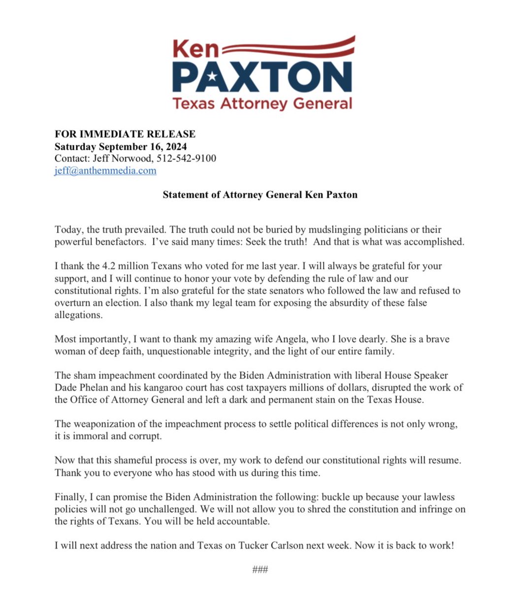 KenPaxtonTX's tweet image. My statement on today’s Senate acquittal vote: