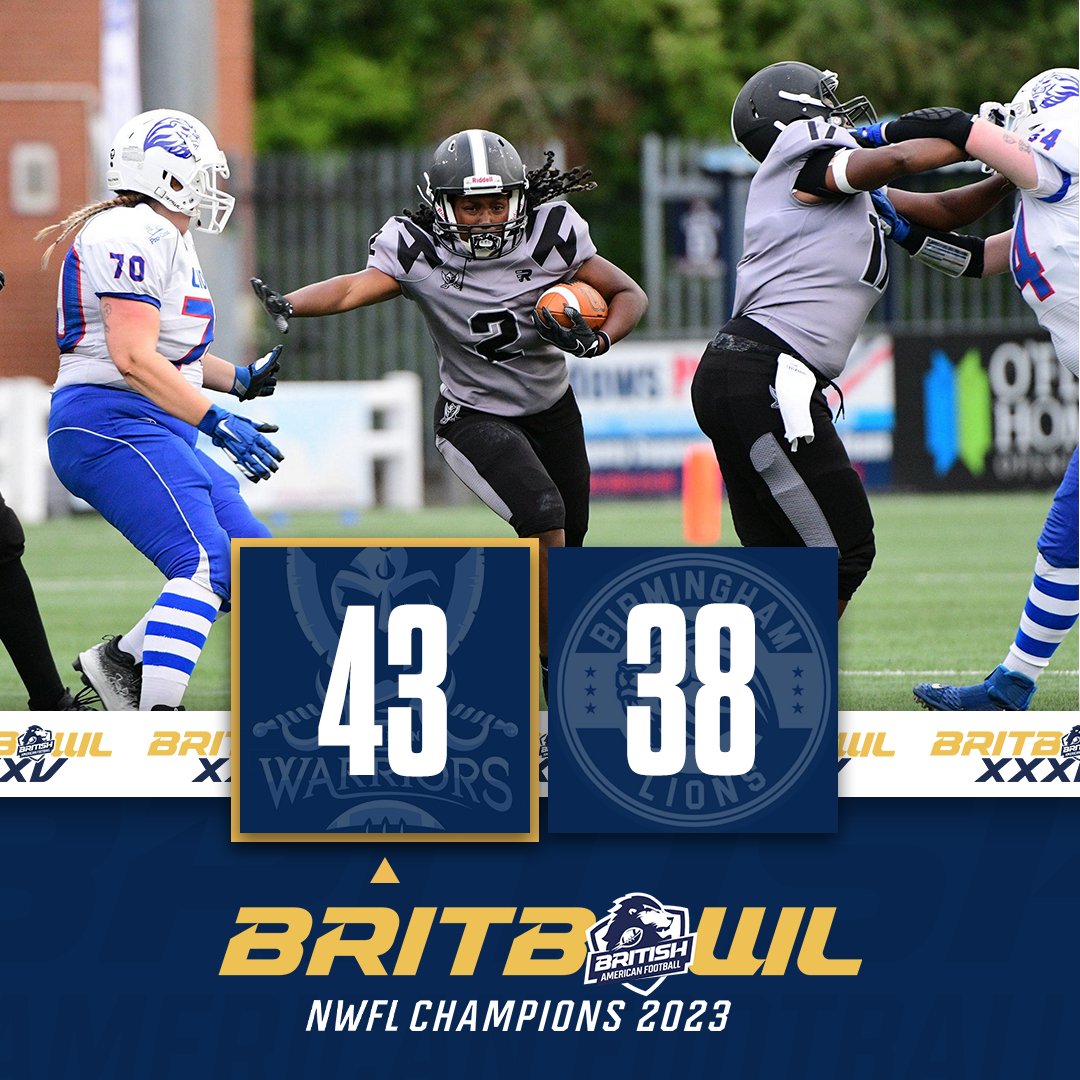 The <a href="/LondonWarriors/">London Warriors</a> are your 2023 NWFL National Champions!

A thrilling 43-38 win against the <a href="/BhamLionsWomen/">Bham Lions Women</a> sees the Warriors crowned the first-ever champions of 9-a-side Women’s football in the UK.

#BritishAmericanFootball #BestOfBritball