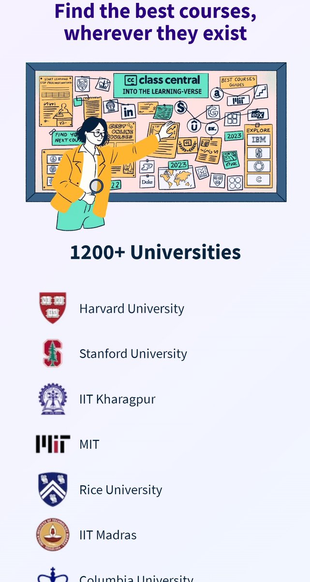 seokfilter's tweet image. Se vocês tem interesse em fazer cursos em faculdades grandes, tipo Havard, MIT, Stanford e etc... eu achei um site que se chama "Class Central", e tem mais de 150.000 cursos e sendo uma grande parte GRATUITA. (+ nos coments)