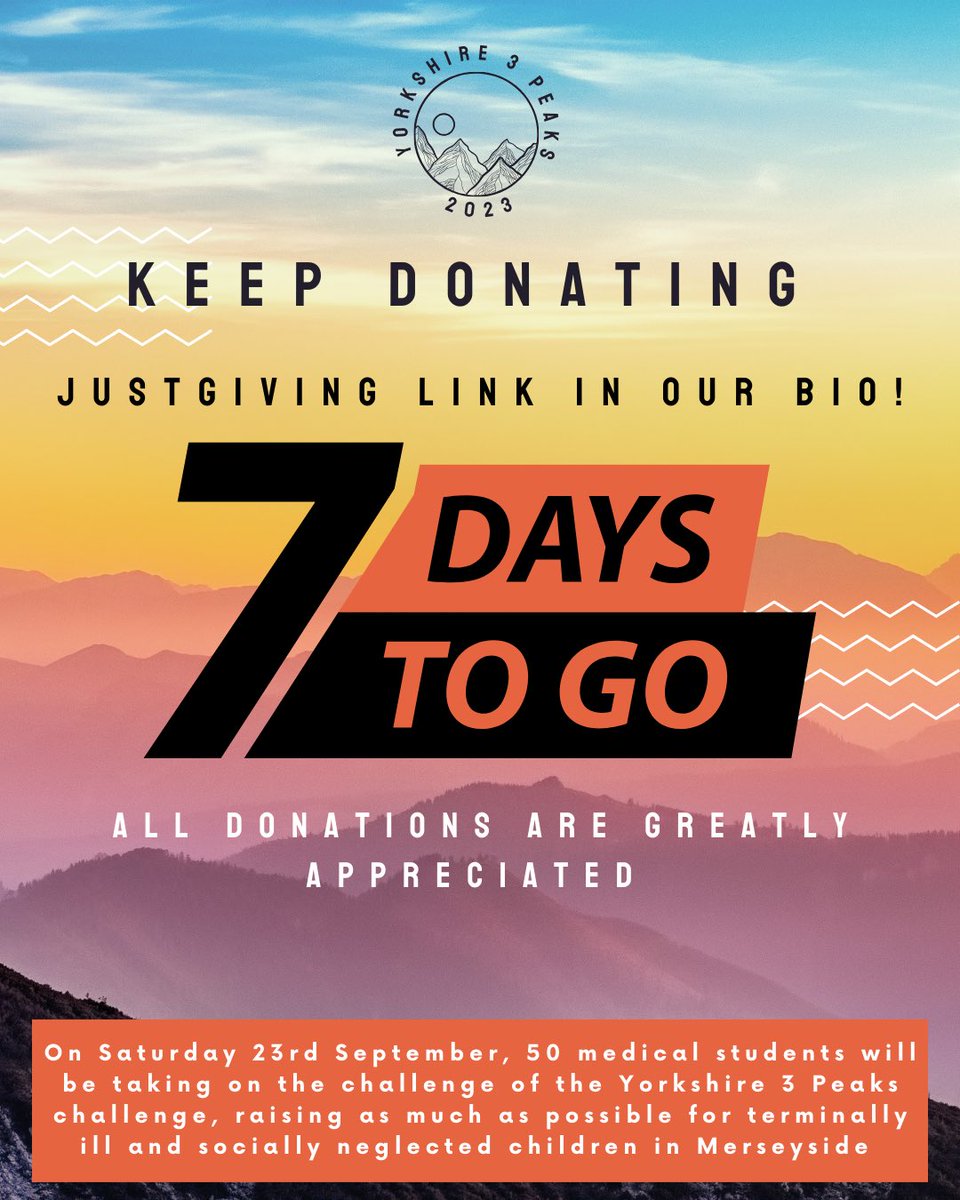The money raised from this hike will go towards Claire House and Kind Liverpool. They are two amazing charities, and for those interested there will be more information on them in the link below.

All donations much appreciated :)

justgiving.com/campaign/lmssy…