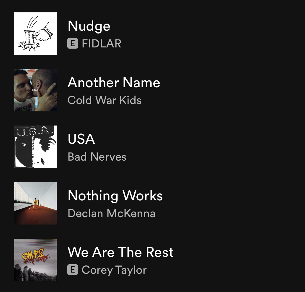 MusicTrajectory's tweet photo. 𝗦𝗼𝗻𝗴𝘀 𝗼𝗳 𝘁𝗵𝗲 𝗪𝗲𝗲𝗸 (9/15/2023)
“Nudge” by @fidlar
“Another Name” by @coldwarkids
“USA” by @badbadnerves
“Nothing Works” by @declanmckenna
“We Are The Rest” by @coreytaylorrock

#NewMusicTrajectories #SongsoftheWeek https://t.co/9cqDWLQb5l