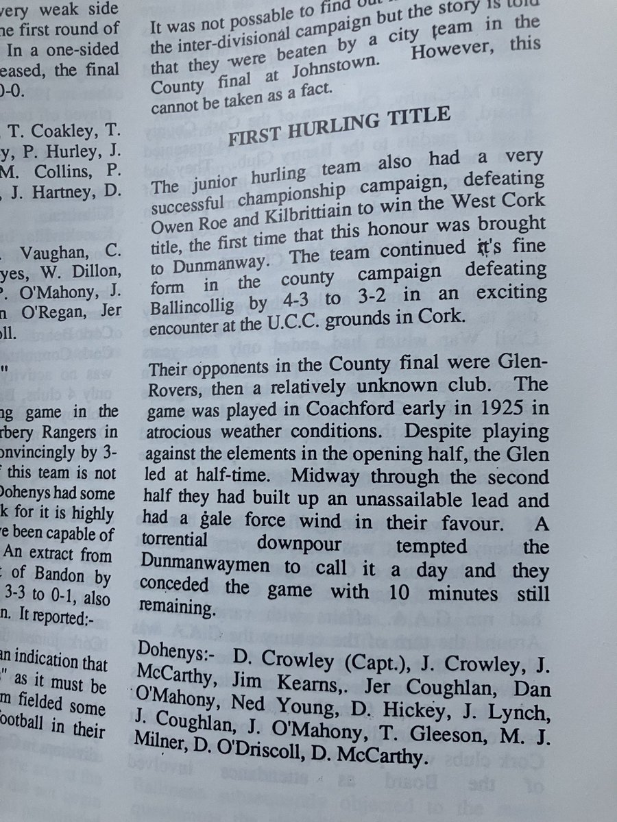 ⁦<a href="/dohenygaa/">Doheny Gaa</a>⁩ lost the junior county hurling final to Glen Rovers in 1924. Two years later Glen were up playing senior hurling where they remained until tonight when they were relegated by Kanturk after 97 years. A sad night for a proud club.