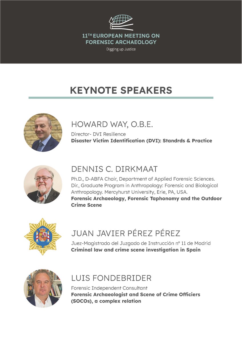 📢There is still time to register online to attend the 11th European Meeting on Forensic Archaeology and enjoy our fantastic Keynote Speakers! All sessions will be recorded and you will be able to watch them during  October 2023!
👉Register now at: forensicarchaeologymeeting.com