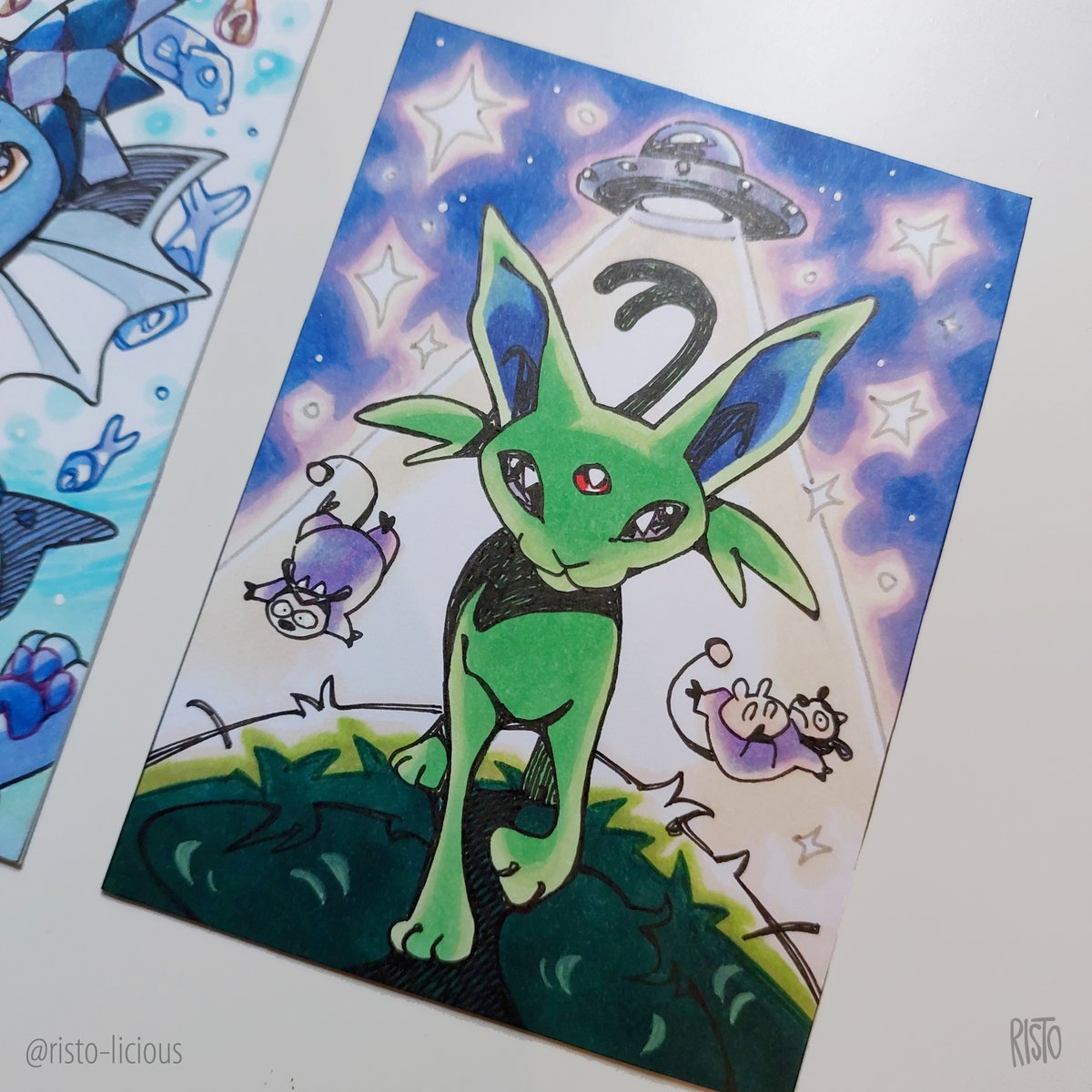 Risto_Licious's tweet image. vaporeon &amp;amp; espeon ACEO cards 🌊🛸

"aquatic jest" &amp;amp; "take me to your leader"
#pokemon