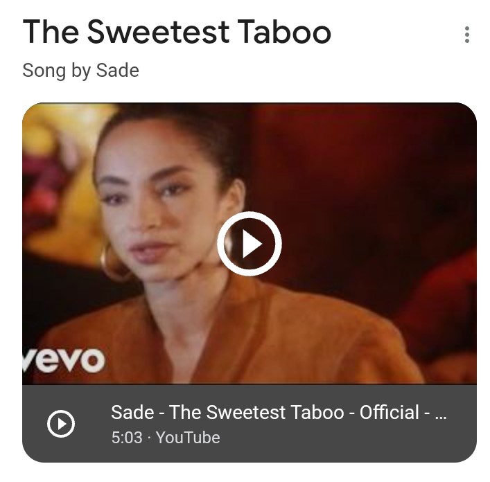 The Sweetest Taboo By Sade. Released October 12, 1985. Written By Sade Adu, and Martin Ditcham. This is one of my Personal Favorites. A Timeless Classic in my Opinion. It went No.5 on the Hot 100, No.1 on the Adult Contemporary Chart. It was in the Top 40 for 13 weeks!