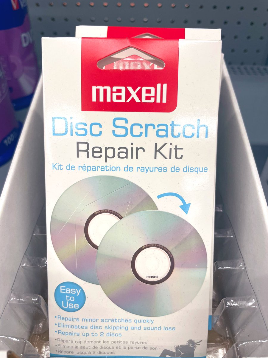 MaxellCorp's tweet photo. Located at your local @Walmart, it’s Maxell’s Disc Scratch Repair Kit! 🔧 Fix minor scratches in a matter of minutes!

No more skipping or sound loss 🔇

#walmart #discmedia #physicalmedia #cd #dvd #videogames #repair #tips #tricks #lifehacks #hacks #shop https://t.co/SWsbVo9Hor