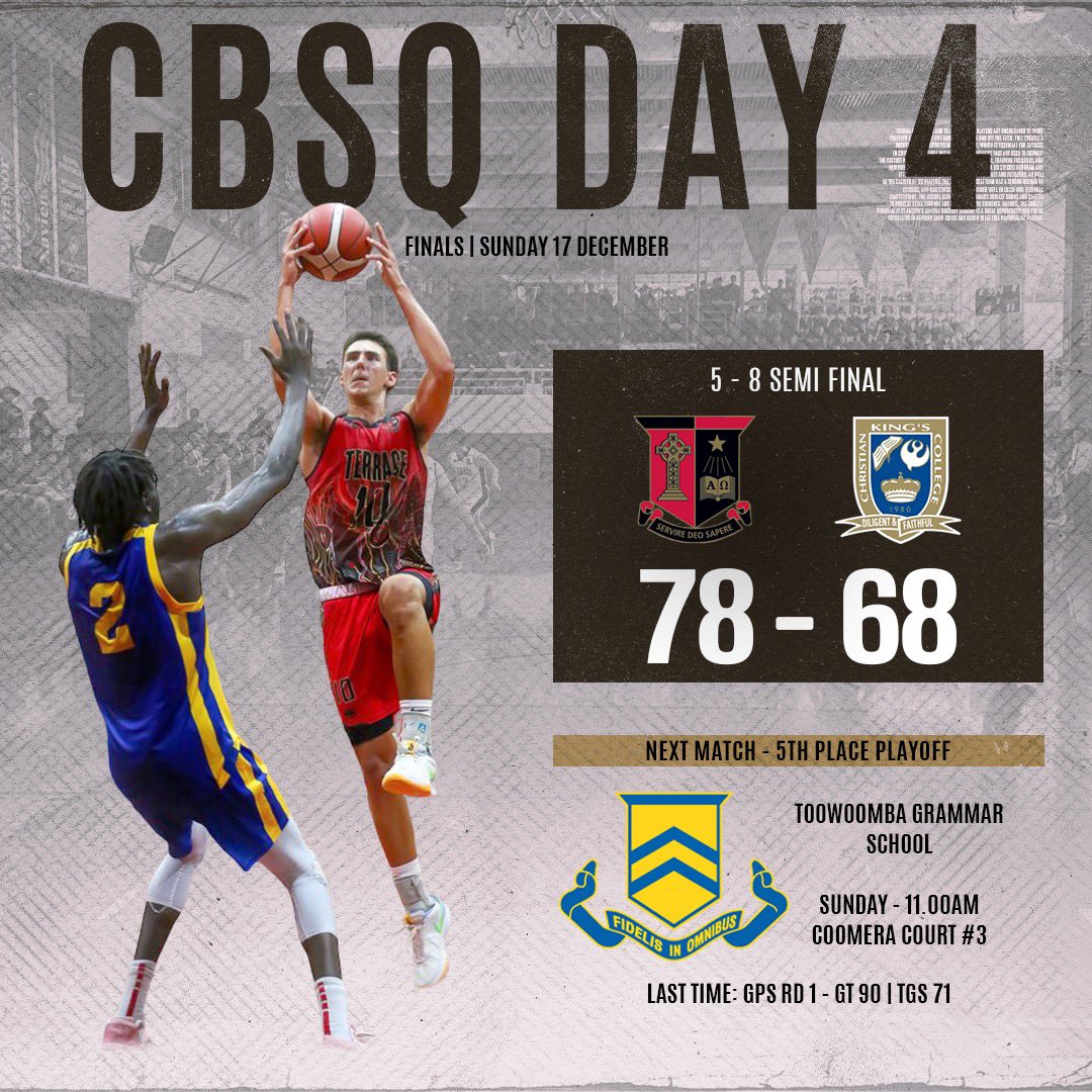 CBSQ DAY 4 🔴⚫️🏀

A win last night againt King’s Christian College sees Terrace advance to the 5th place playoff where we will take on TGS.

Next match: 
🏀 5th place playoff
🆚 Toowoomba Grammar
📆 Sunday, 17 September
⏰ 11.00AM 
📌 Coomera Court #3