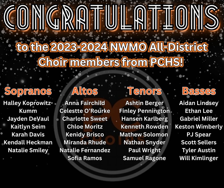 Congratulations to the 30 students selected to the 2023 NWMO All-District Choir.  They will perform with the ensemble on Saturday, October 28th 5PM at Platte County High School.