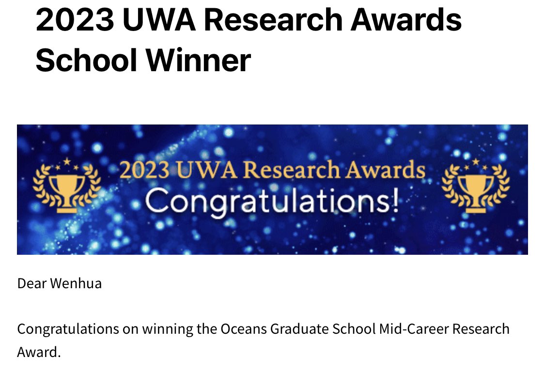 Wenhua Zhao (@wenhua_zhao) on Twitter photo 🏆 Honored to be awarded Oceans Graduate School Mid-Career Research Award! 🏆
Deeply grateful for this recognition, which would not have been possible without the incredible support of my colleagues <a href="/TIDEResearchHub/">TIDE Research Hub</a> , collaborators, and students. <a href="/UWAresearch/">UWA Research</a> <a href="/OgsUwa/">UWA_OGS</a> <a href="/uwaoceans/">UWA Oceans Institute</a> 🏆 Honored to be awarded Oceans Graduate School Mid-Career Research Award! 🏆
Deeply grateful for this recognition, which would not have been possible without the incredible support of my colleagues <a href="/TIDEResearchHub/">TIDE Research Hub</a> , collaborators, and students. <a href="/UWAresearch/">UWA Research</a> <a href="/OgsUwa/">UWA_OGS</a> <a href="/uwaoceans/">UWA Oceans Institute</a>