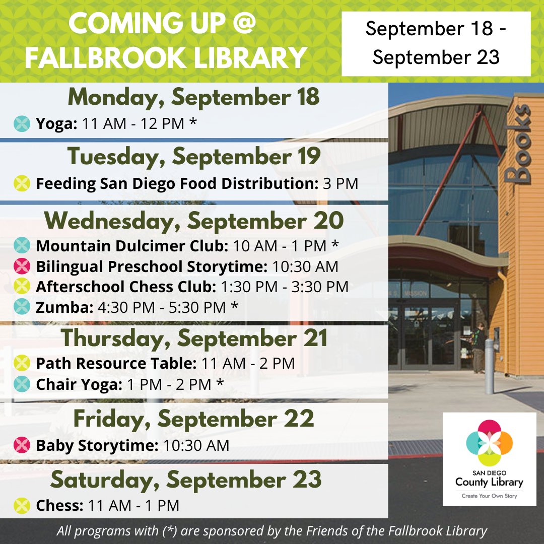 FallbrookSDCL's tweet image. Check out this week&apos;s events at the library!
#fallbrooklibrary #fallbrook #fallbrookca #sdcl