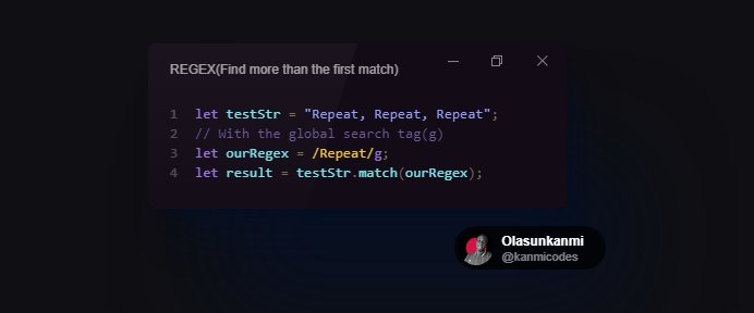 KANMICODES's tweet image. Day-14 of #100DaysOfCode 👇
👉Finding more than the first match of a syntax, which can be achieve using the gm global search flag(g) in the Regex. Below is the example with and without the global search flag👇👇
#buildinpublic #javasc