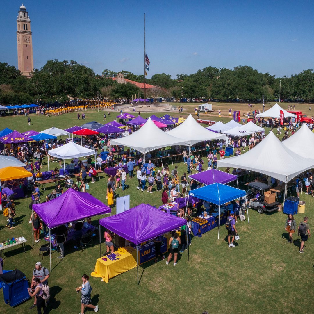 LSUCampusLife's tweet photo. Come out and celebrate the spirit of @LSU at Fall Fest! The event is on Friday, September 22, on the Parade Ground from 11 a.m. to 2 p.m. Open to all LSU students, faculty, and staff. Enjoy free food, fun, entertainment, and connecting with campus departments and organizations. https://t.co/HtAQ3xzDif
