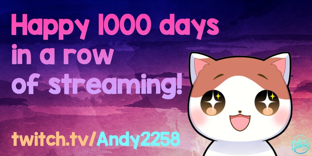 Today is our fantastic teammate <a href="/Andy2258_TV/">Andy2258</a>'s 1000th day in a row of streaming, and he's live right now!
You should definitely go check it out, I heard there will be cake 🍰

twitch.tv/andy2258