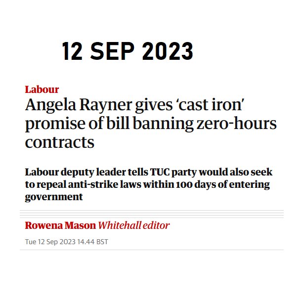 LeftieStats's tweet photo. ➡️ 12 SEP ~ Angela Rayner gives a "cast iron" guarantee that Labour will ban zero-hours contracts.

➡️ 15 SEP ~ Labour says it will not actually be banning zero-hours contracts. https://t.co/NhIiraoBvP