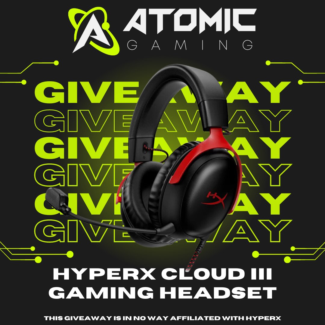 AtomicGamingUS's tweet photo. HyperX Cloud III Gaming Headset giveaway! Follow Atomic Gaming and @asht0n_______ and retweet to enter! Must be 18+ to enter. Giveaway ends on September 24th at 6:00 PMT Central Time. Winner will be drawn by a third party. https://t.co/vncun6QSmy