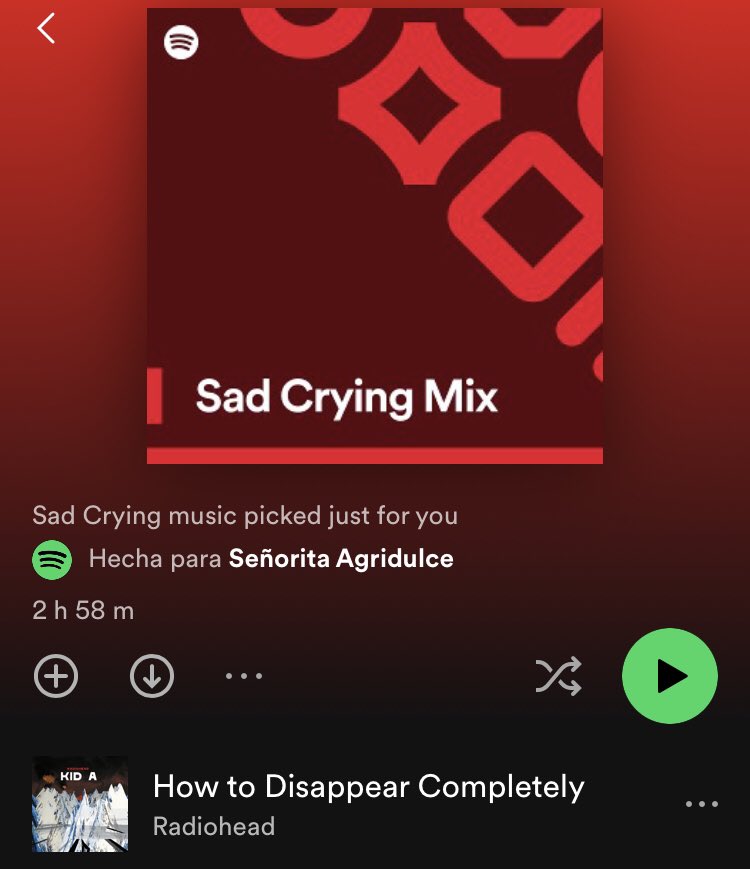 nambrenaaa's tweet photo. @jaloverde Vos vs. la primera canción en el crying mix que te compila Spotify https://t.co/2icUA5hTCr