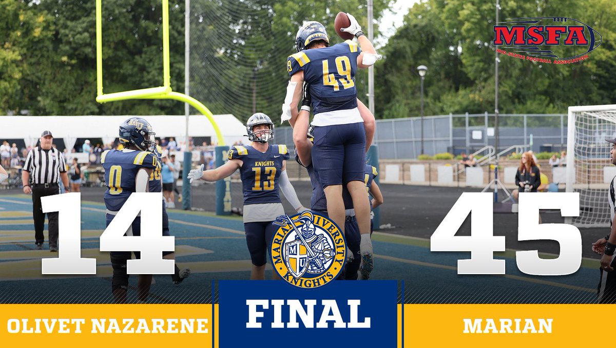🏈 | FINAL

<a href="/MarianUFootball/">Marian Football</a> wins their third straight as they take down Olivet Nazarene 45-14!

The Knights will be back in action September 30, hosting Lawrence Tech for Homecoming &amp; Family Weekend! Kickoff is slated for 1:05 PM!