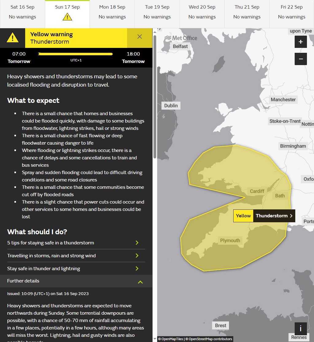 #Devon The Met Office have issued a Yellow weather warning for thunderstorms on Sunday from 07:00 to 18:00 . Please drive with care and be aware of any potential debris on the road. KW <a href="/DevonCC/">Devon County Council</a> <a href="/BBCDevon/">BBC Devon</a> <a href="/radioexe/">Radio Exe</a> <a href="/StagecoachSW/">Stagecoach SouthWest</a>