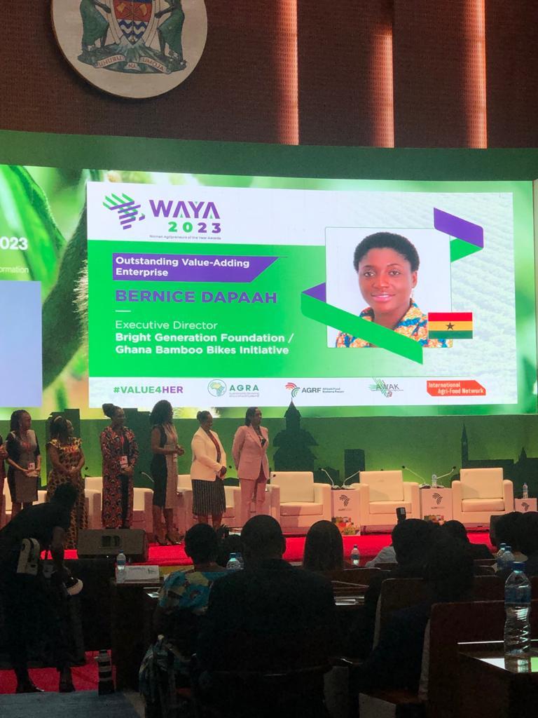 GhanaBambooBike's tweet photo. Winning the Women Agripreneurs of the Year Award (WAYA 2023) for Outstanding Value-adding Women Entrepreneurs in Africa, with the Bright Generation Community  Foundation, mother organization of “the Ghana Bamboo Bikes Initiative” is an immense honour. We're dedicated to advancing https://t.co/4I21bztdXF