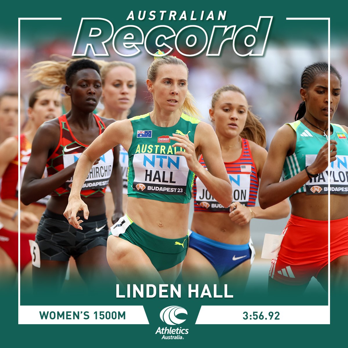 AustralianAths's tweet photo. It's Linden Hall's world &amp; we're just living in it! 🤯

Hall becomes the first Australian female to break the 3:57 barrier over 1500m, clocking 3:56.92 for 5th place &amp; a new Area Record at the Diamond League Finals. 

Jessica Hull raced to 8th place in 3:57.57.

#ThisIsAthletics https://t.co/AOdKC8rY8S